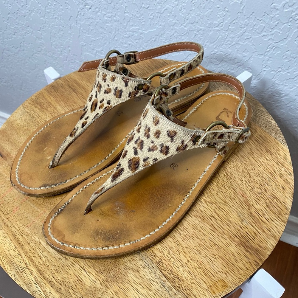 K. Jacques St. Tropez Animal Print Calf Hair Tan Leather Thong Sandal 39